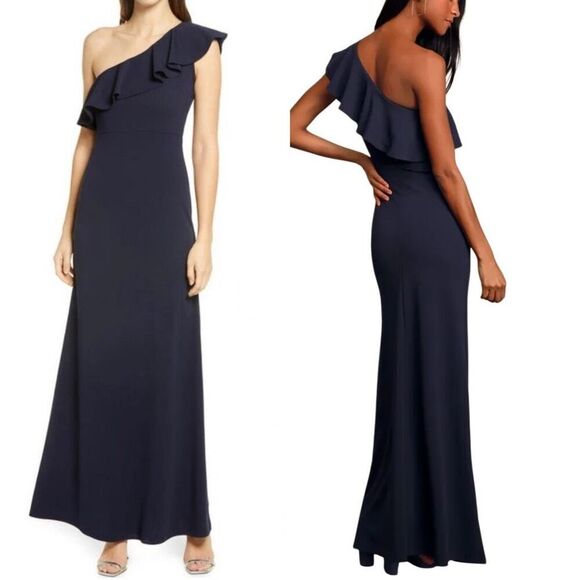 Lulu's Forever Ruffle One Shoulder Trumpet Dress Navy XL Sexy Cruise Date Night‎ - Picture 4 of 13